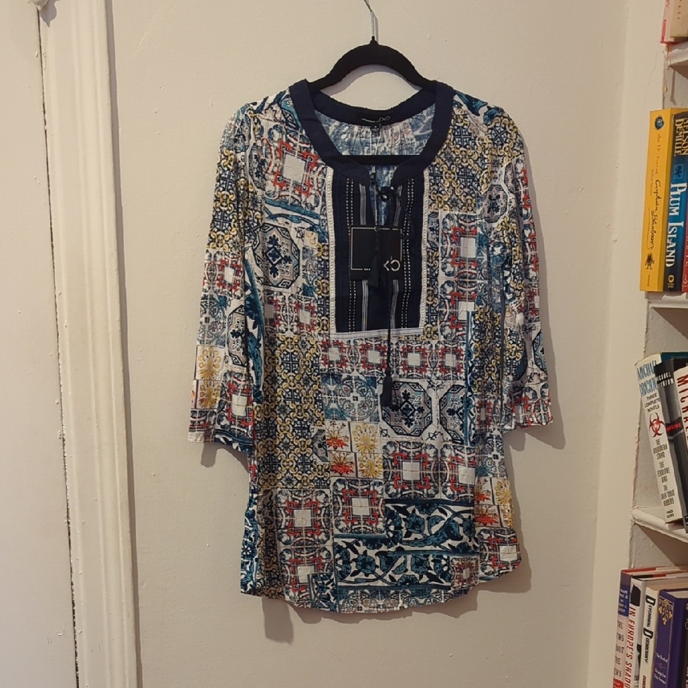 NWT Patterned Blue, Red and Yellow Women's Top Size M